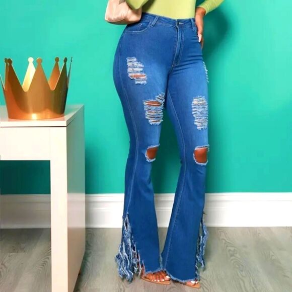 Fringed flare distressed bell bottoms sz X-large - Picture 5 of 7